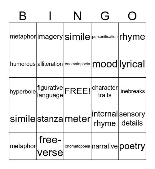 Poetry Bingo Card