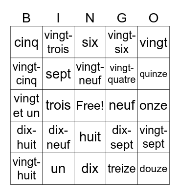 French Number Bingo Card