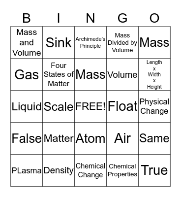 Density Vocabulary Bingo Review Bingo Card