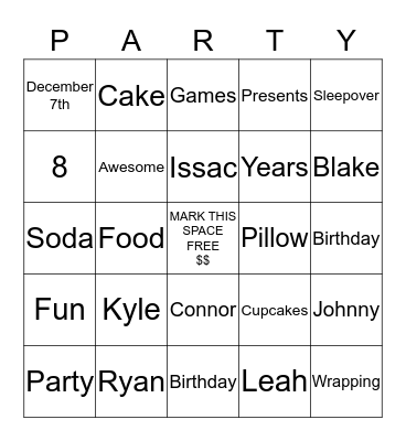 Issac's Birthday Bingo Card