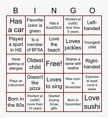 Black Faculty and Staff Association Bingo Card