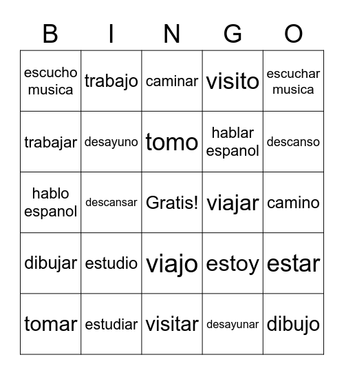 Spa 1 Lec 2b -ar verbs infinitive and "Yo" form Bingo Card