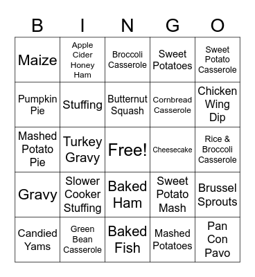 Thanksgiving Dishes Bingo Card