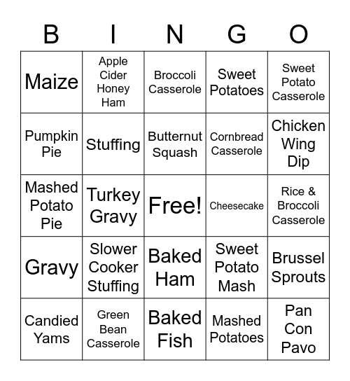 Thanksgiving Dishes Bingo Card