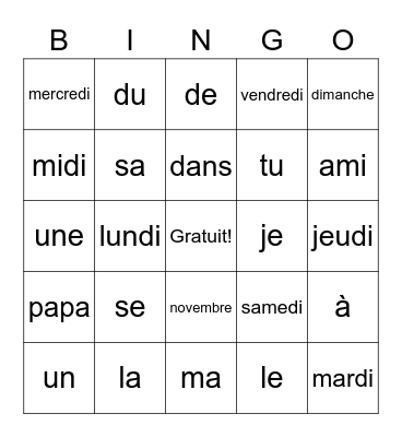 Les mots fréquents Bingo Card