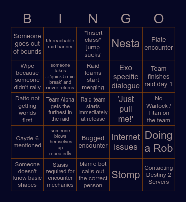 YEET Raid Bingo Card