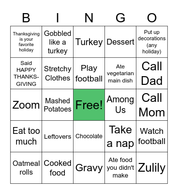 Massena Thanksgiving Bingo Card