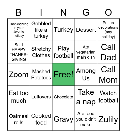 Massena Thanksgiving Bingo Card