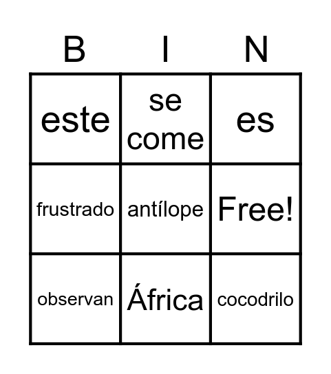 El ñu Bingo Card