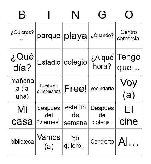 Spanish Bingo Card