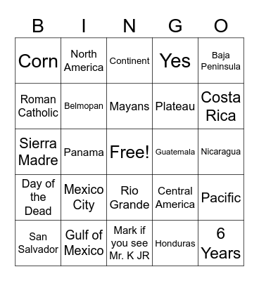 Mexico and Central America Bingo Card