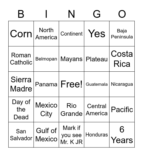 Mexico and Central America Bingo Card