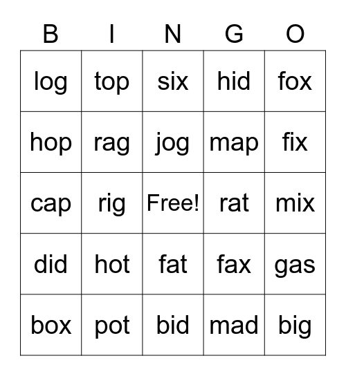 Short Vowel /a/i/o/ Bingo Card