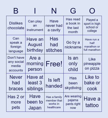 GET TO KNOW YOU BINGO Card