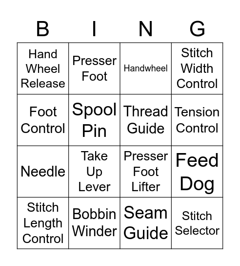Sewing Machine Functions Bingo Card