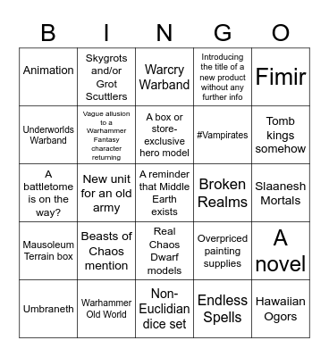 Age of Sigmar PREVIEW BINGO Card