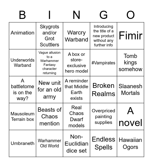 Age of Sigmar PREVIEW BINGO Card