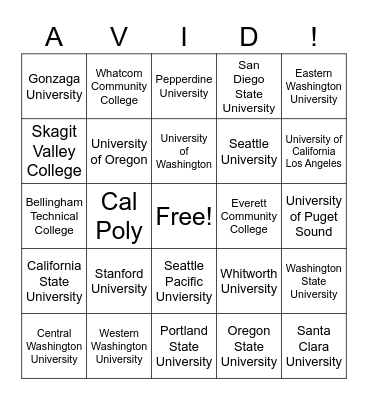 College Bingo Card