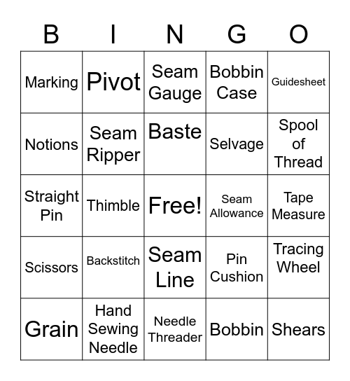 Sewing Terms and Tools Bingo Card