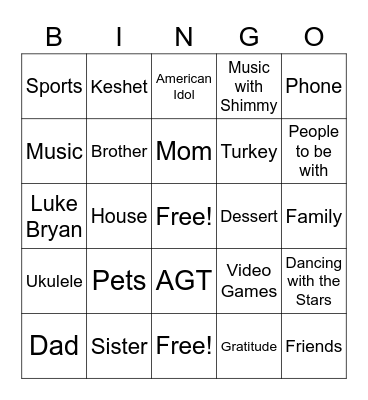 Thanksgiving Bingo Card