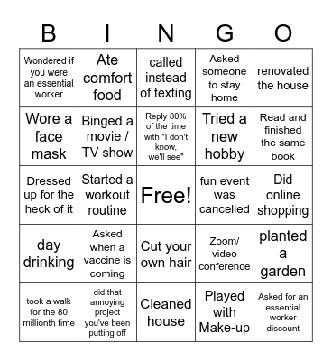 COVID Quarantine Bingo Card