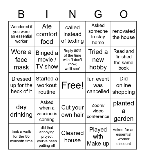 COVID Quarantine Bingo Card