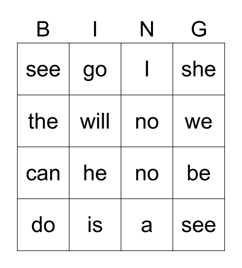 Oliver sight words Bingo Card