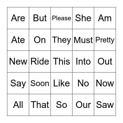 Sight Words Bingo Card