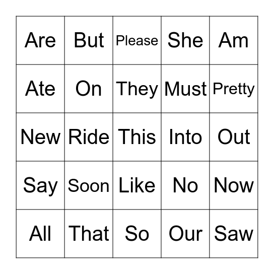 Sight Words Bingo Card