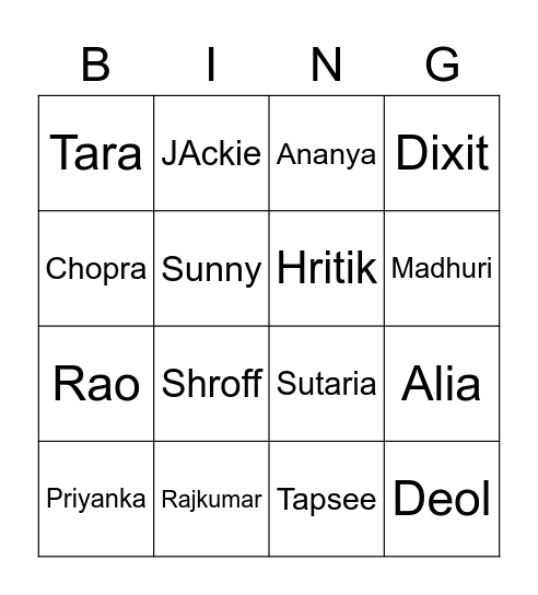 Bollywood bingo Card