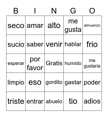 Spanish bingo Card