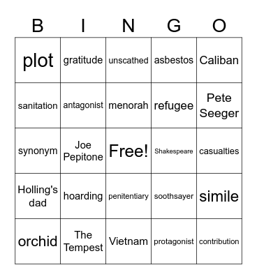 Ms. Bird's ELA Bingo Card