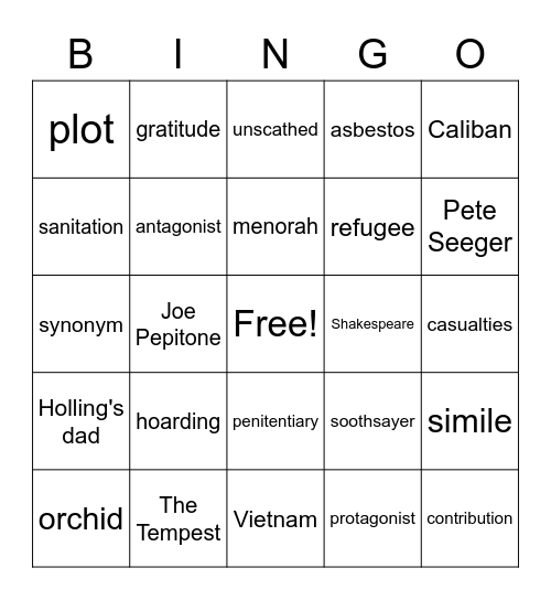 Ms. Bird's ELA Bingo Card