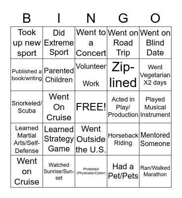 BINGO BUCKET LIST 56! Bingo Card