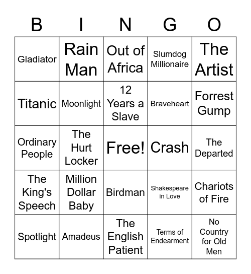 Oscar-winning movies Bingo Card