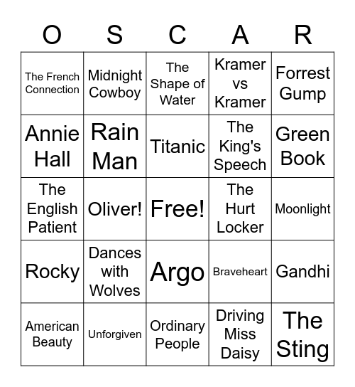 Oscars Best Picture Winners Bingo Card