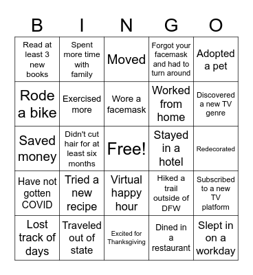 Pandemic Bingo Card