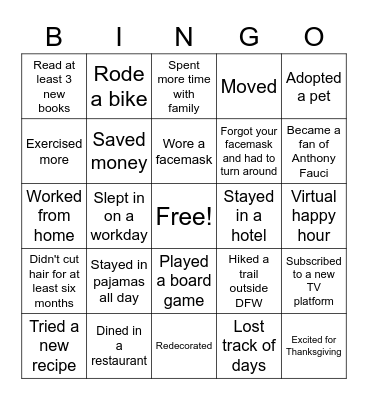 Pandemic Bingo Card
