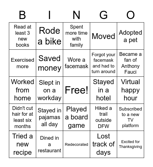 Pandemic Bingo Card