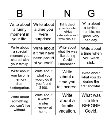 Personal Narrative Writing Prompts Bingo Card