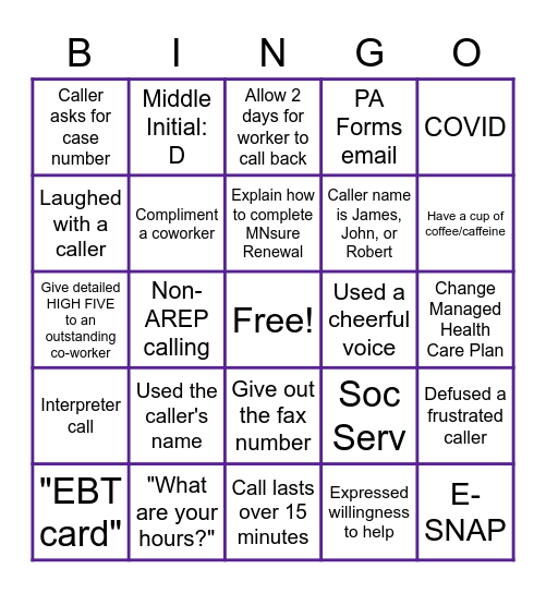 Call Center Bingo Card