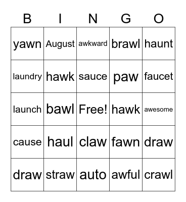 Diphthong AU, AW Bingo Card