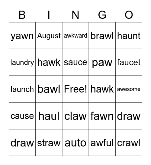 Diphthong AU, AW Bingo Card