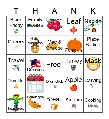 THANK (traditions, history, appetite, nature, kitchen) Bingo Card