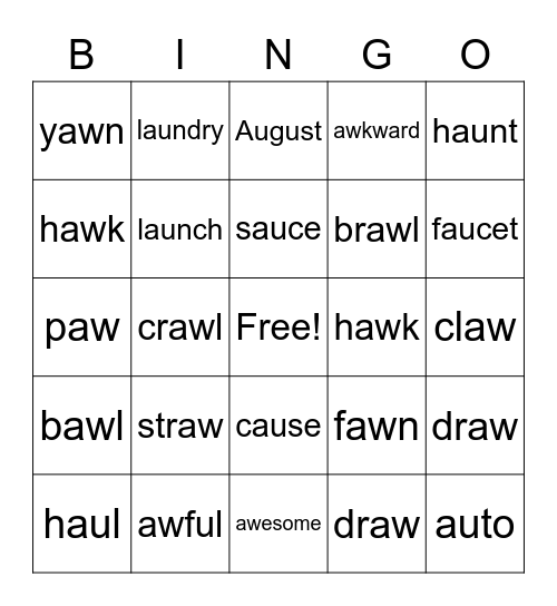 Diphthong AU, AW Bingo Card