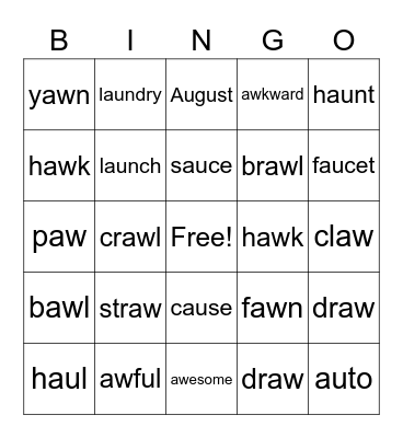 Diphthong AU, AW Bingo Card