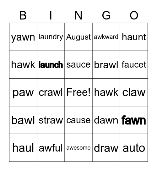 Diphthong AU, AW Bingo Card