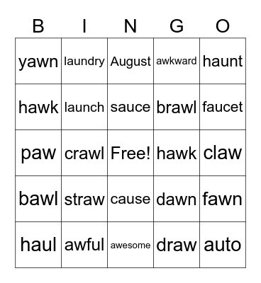 Diphthong AU, AW Bingo Card