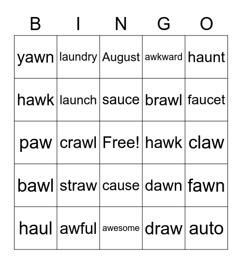 Diphthong AU, AW Bingo Card