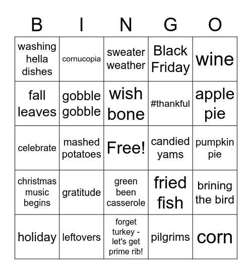 Honciano Thanksgiving 2020 Bingo Card